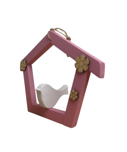 Dekoracja drewniana domek z ptakiem - Różowy