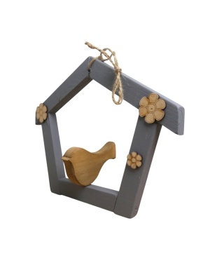 Dekoracja drewniana domek z ptakiem - Szary