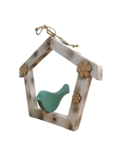 Dekoracja drewniana domek z ptakiem - Biały przypalany