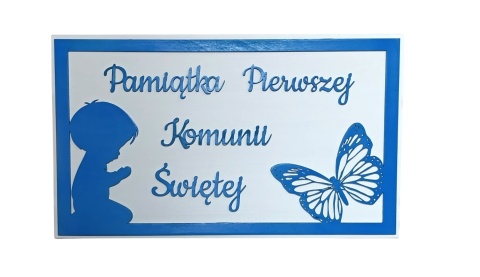 Tabliczka " Pamiątka Pierwszej Komuni Świętej " chłopiec - Biało niebieska